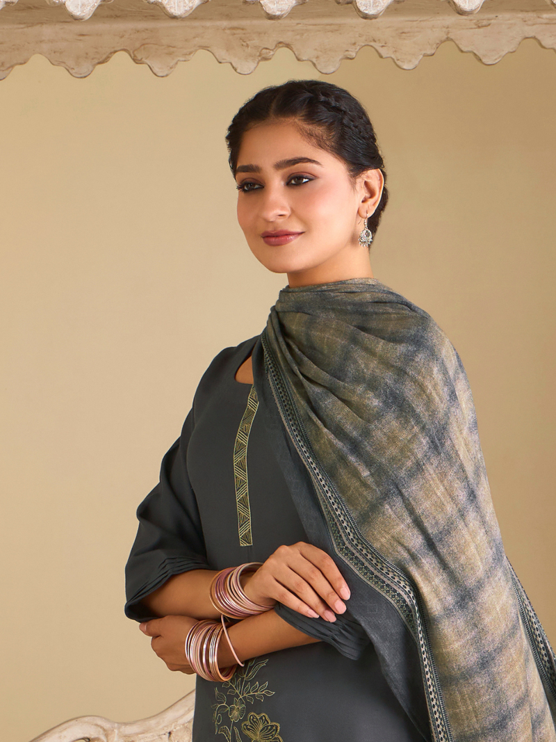 Deep Grey Pashmina Embroidered Unstitched Suit Set with Shawl