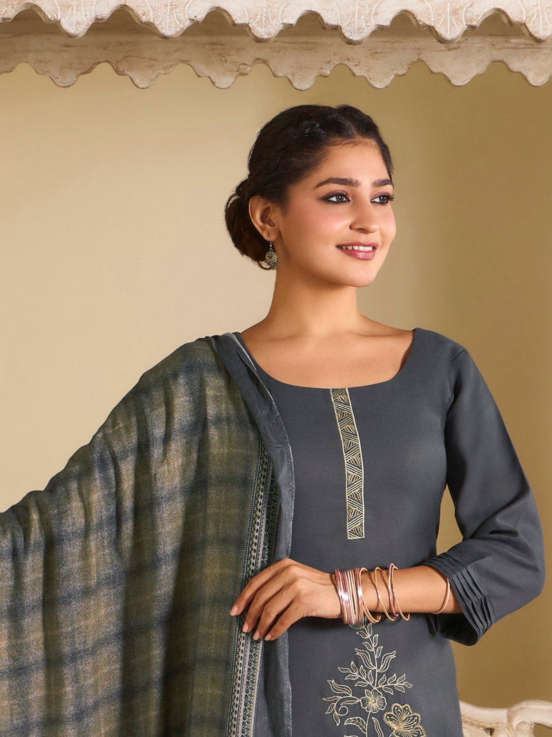 Deep Grey Pashmina Embroidered Unstitched Suit Set with Shawl