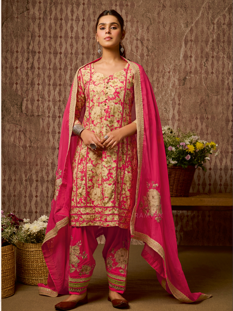 Pink Cottswool Embroidered Unstitched Suit Set with Bottom Work