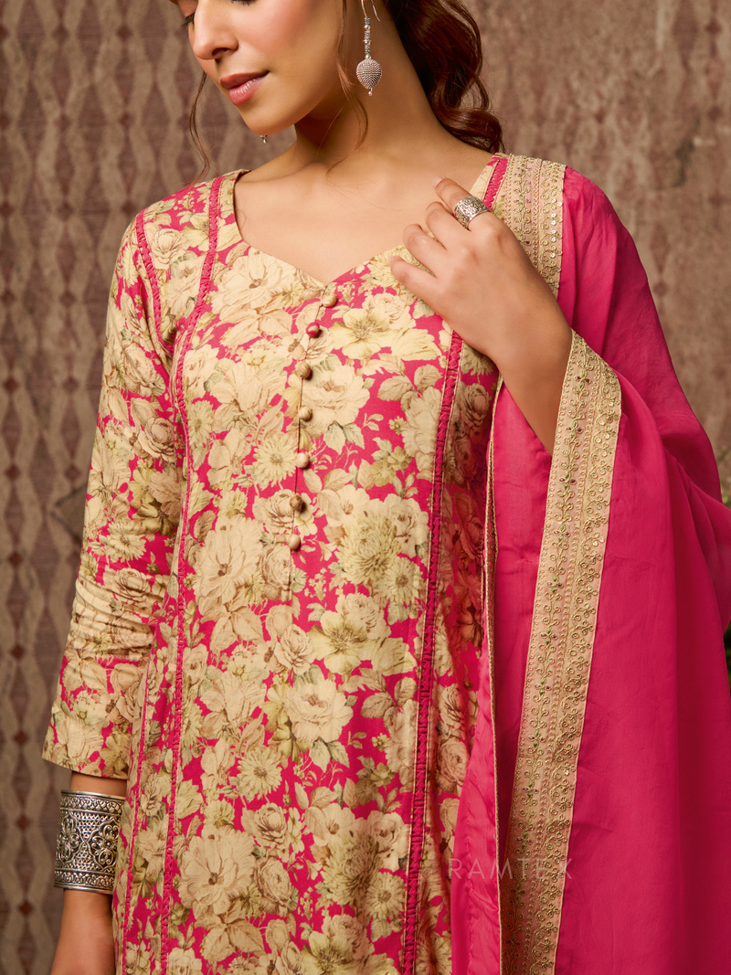 Pink Cottswool Embroidered Unstitched Suit Set with Bottom Work