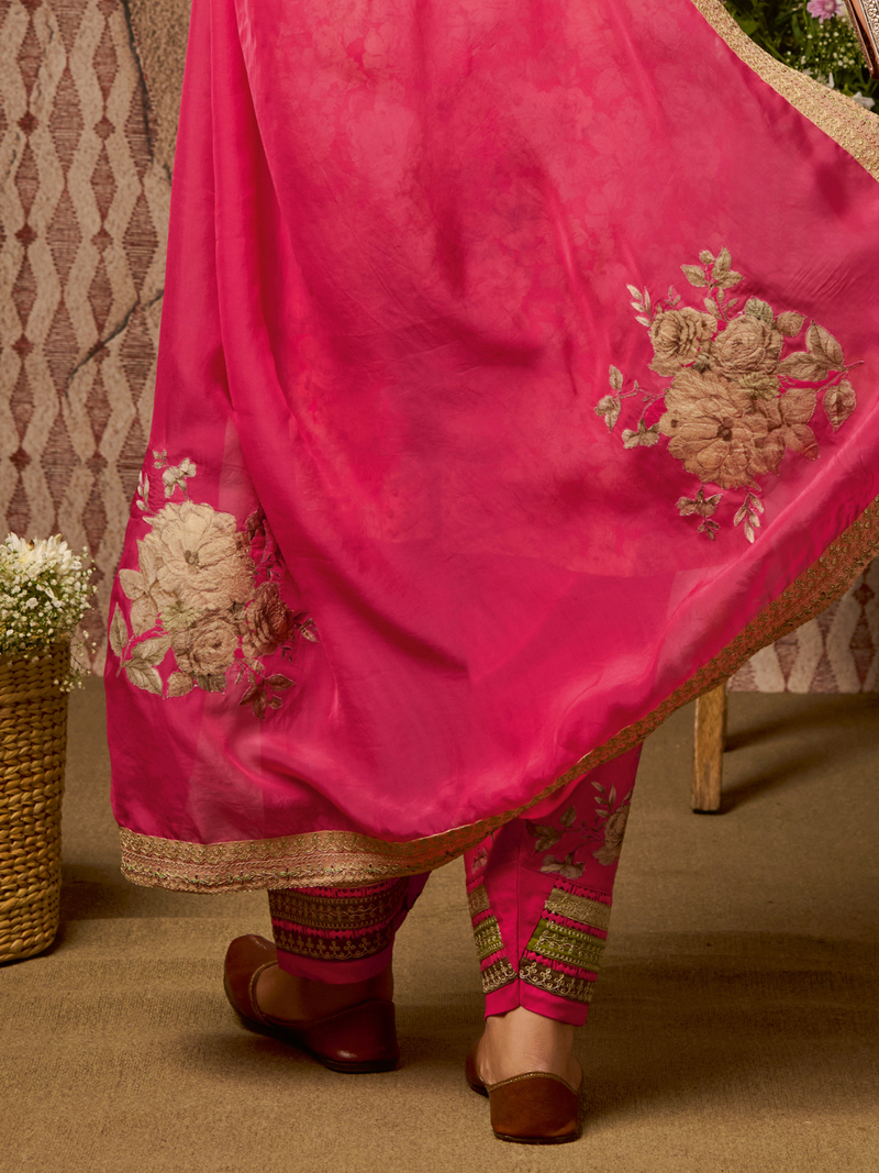 Pink Cottswool Embroidered Unstitched Suit Set with Bottom Work