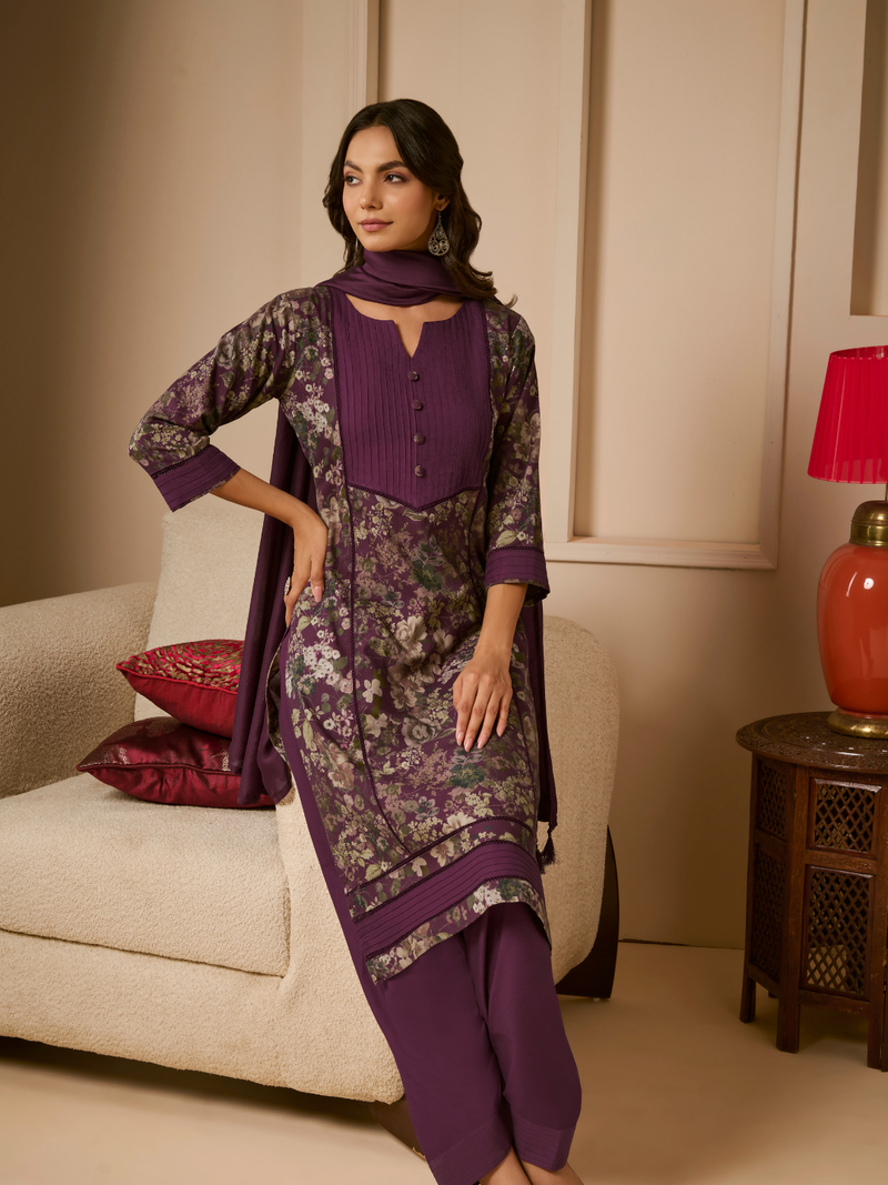 Mauve Pashmina Unstitched Suit Set with Shawl Dupatta