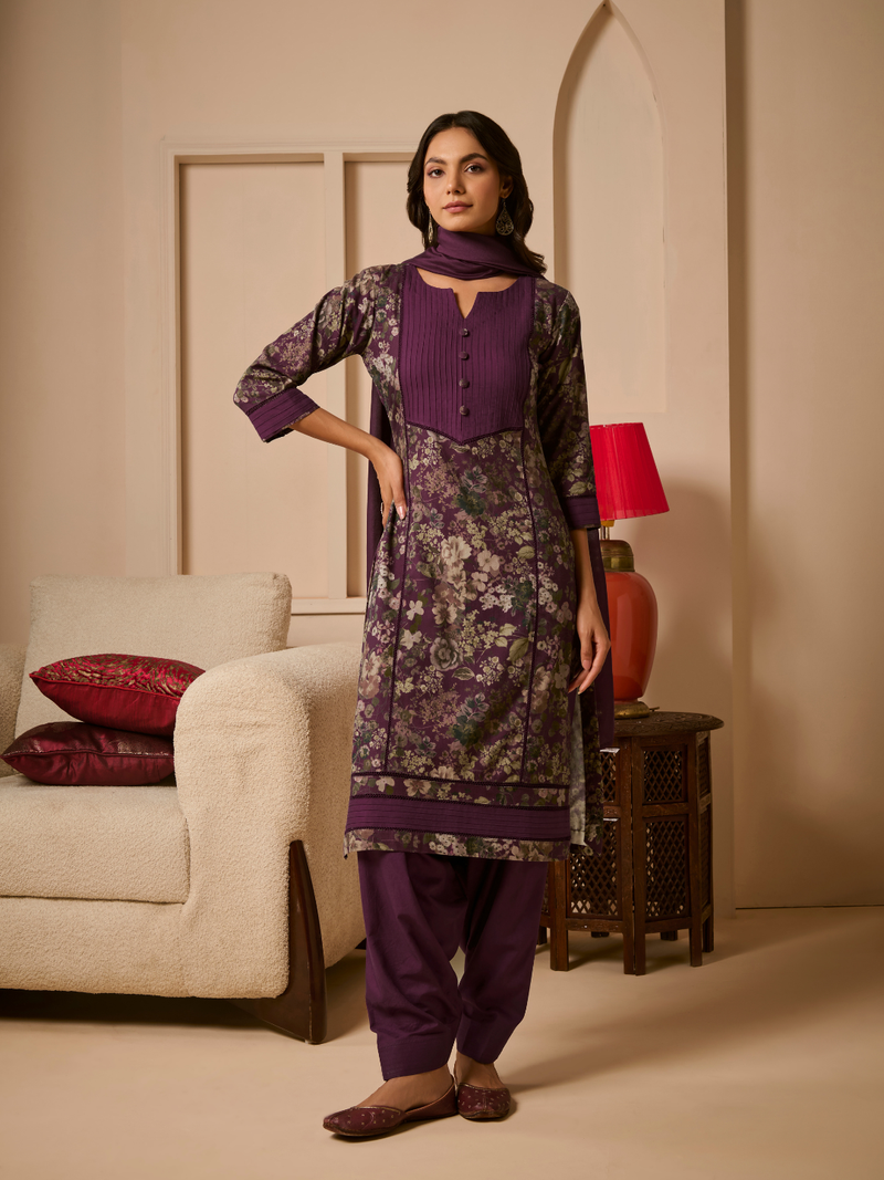 Mauve Pashmina Unstitched Suit Set with Shawl Dupatta
