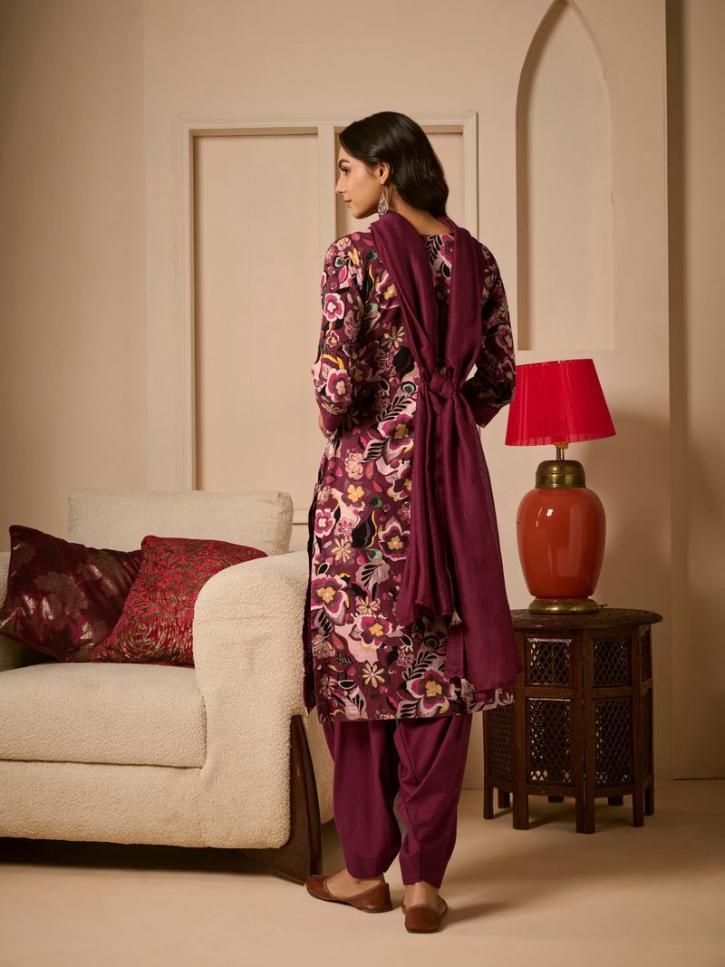 Mauve Pashmina Unstitched Suit Set with Shawl Dupatta