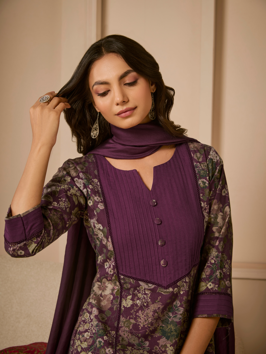 Mauve Pashmina Unstitched Suit Set with Shawl Dupatta