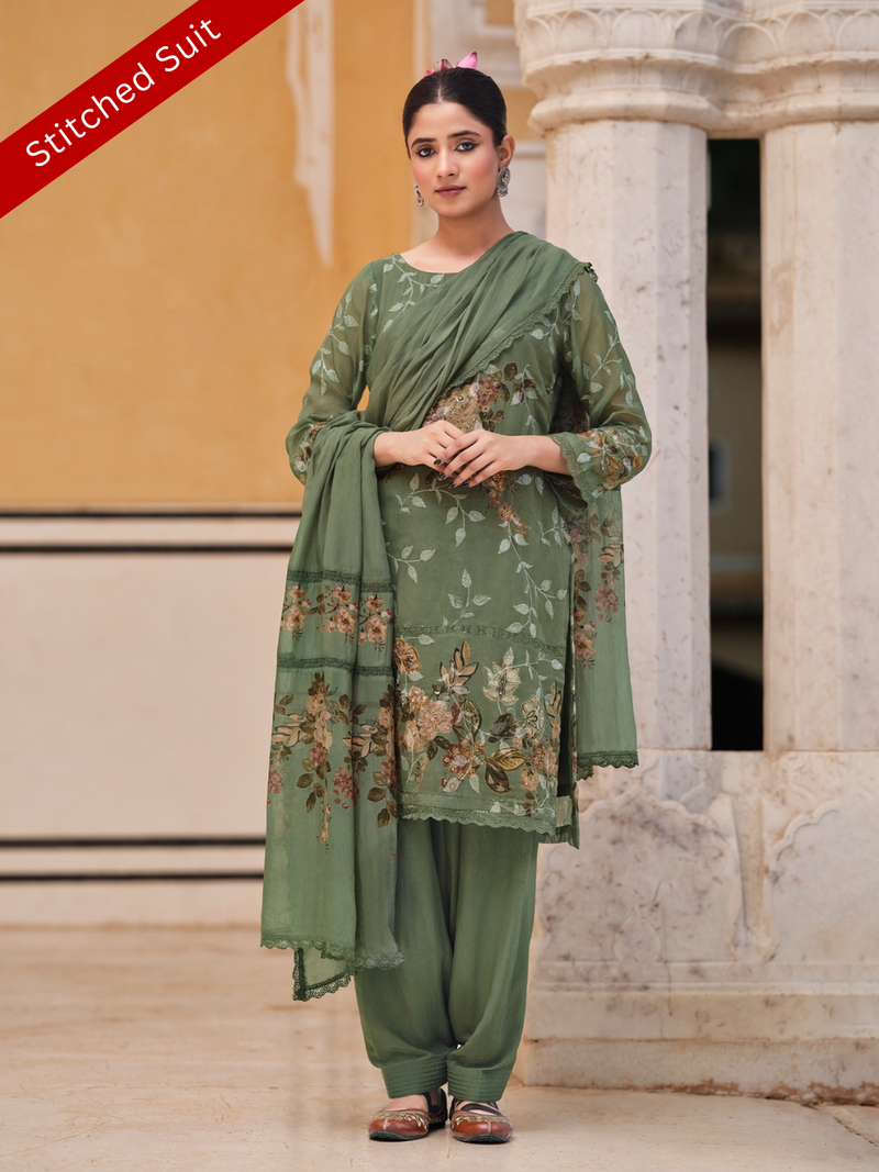 Dark Green Sequins Embroidered Organza Party Wear Stitched Suit Set