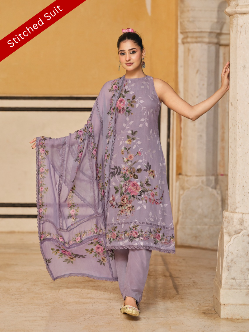 Lavender Sequins Embroidered Organza Party Wear Stitched Suit Set