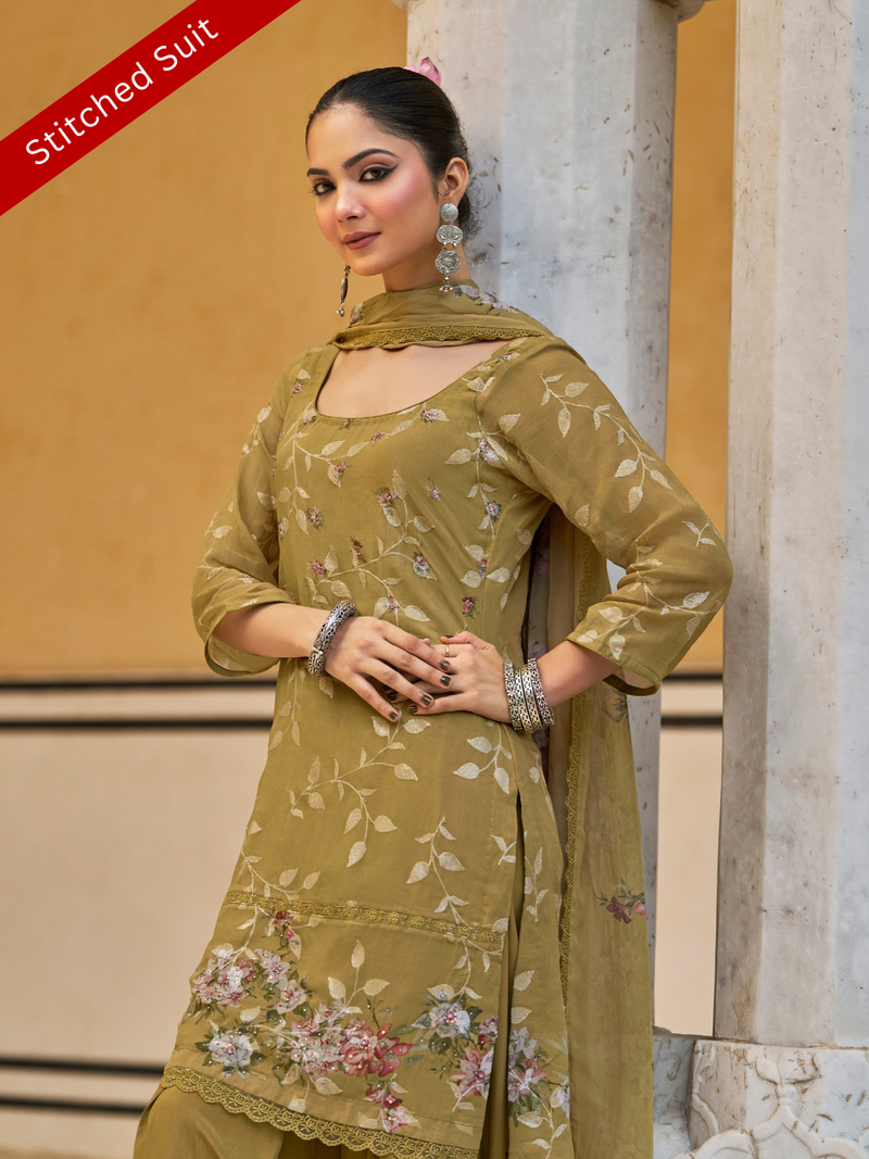 Dark Gold Sequins Embroidered Organza Party Wear Stitched Suit Set