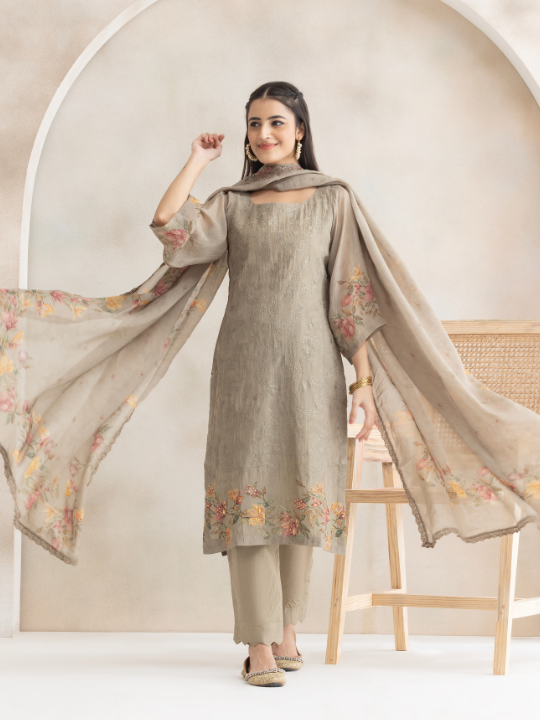 Organza Printed Unstitched Suit Set With Handwork & Embroidery