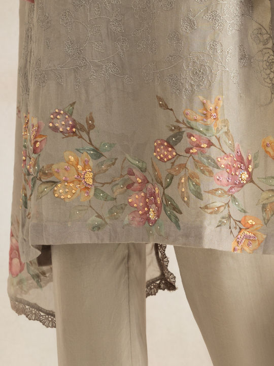 Organza Printed Unstitched Suit Set With Handwork & Embroidery