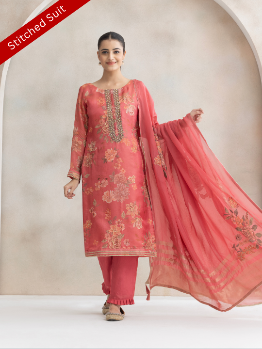 Pink Silk Stitched Suit Handwork & Patchwork with Aari
