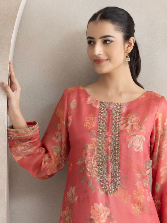 Pink Silk Stitched Suit Handwork & Patchwork with Aari