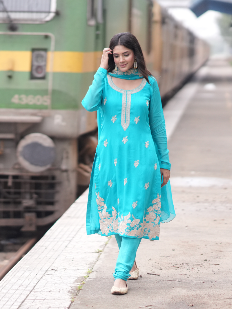 Turquoise Embroidered Heavy Organza Party Wear Unstitched Suit Set