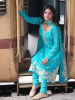 Turquoise Embroidered Heavy Organza Party Wear Unstitched Suit Set