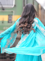 Turquoise Embroidered Heavy Organza Party Wear Unstitched Suit Set
