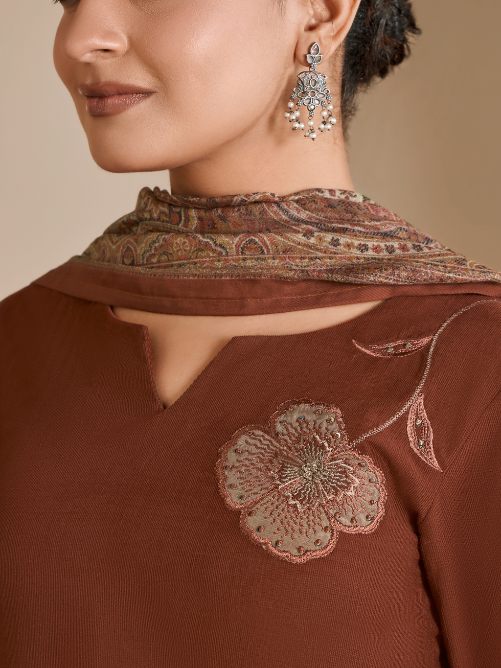 Rust Corduroy Printed Patch & Hand Work Unstitched Suit Set