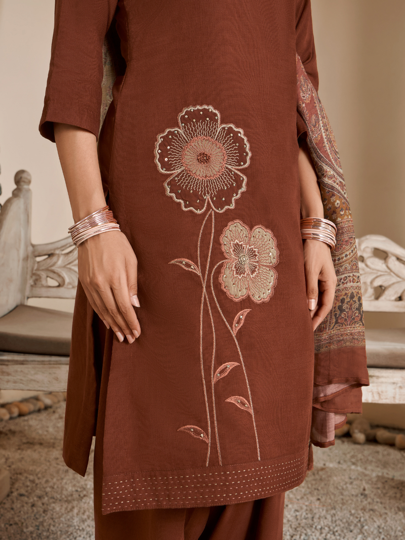 Rust Corduroy Printed Patch & Hand Work Unstitched Suit Set