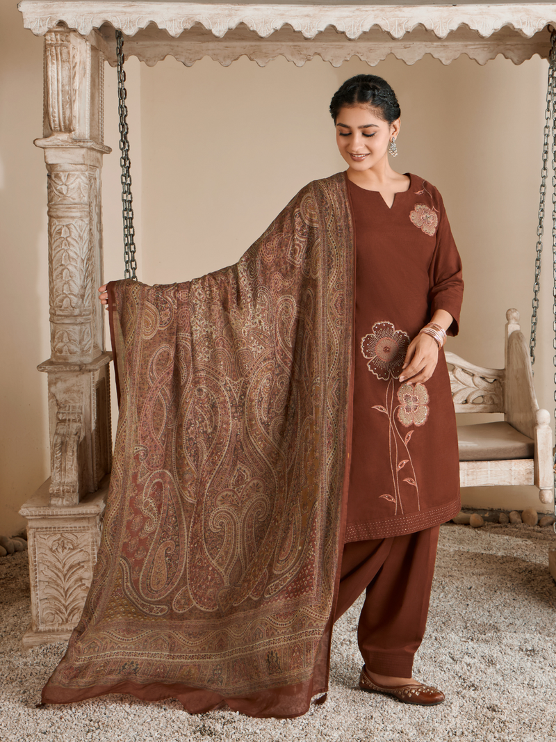 Rust Corduroy Printed Patch & Hand Work Unstitched Suit Set