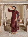 Burnt Maroon Corduroy Printed Hand-Embroidered Unstitched Suit Set