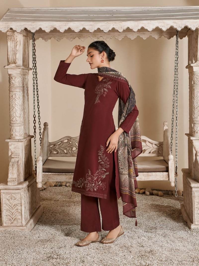 Burnt Maroon Corduroy Printed Hand-Embroidered Unstitched Suit Set