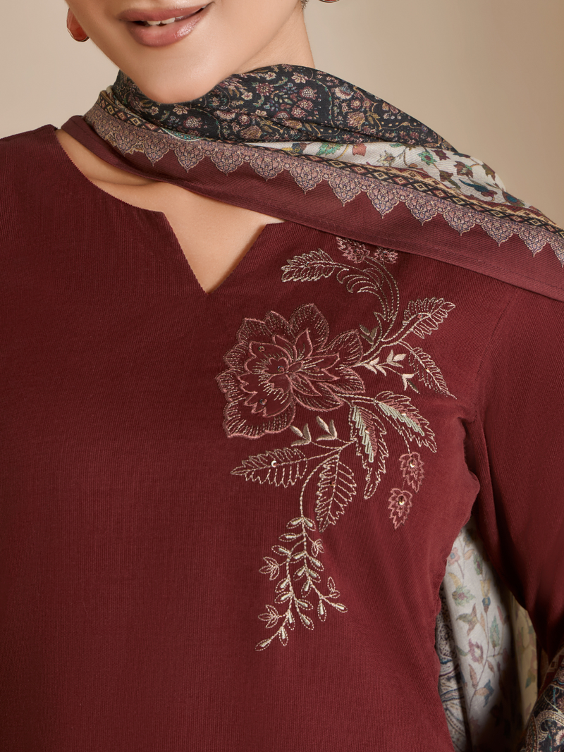 Burnt Maroon Corduroy Printed Hand-Embroidered Unstitched Suit Set