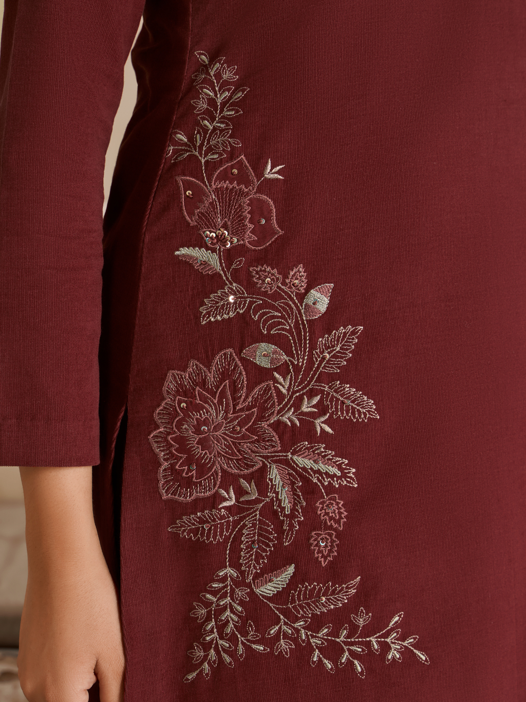 Burnt Maroon Corduroy Printed Hand-Embroidered Unstitched Suit Set
