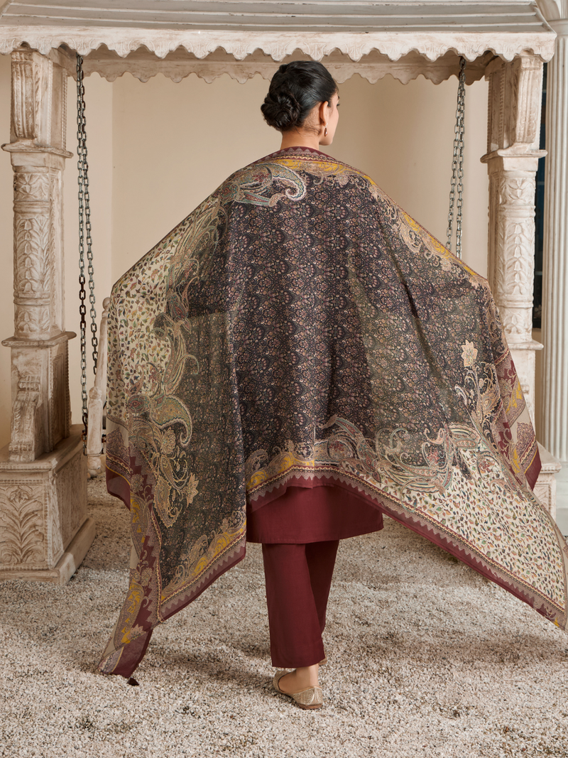 Burnt Maroon Corduroy Printed Hand-Embroidered Unstitched Suit Set