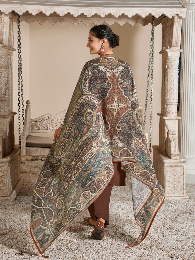 Moocha Corduroy Printed Patch & Hand Work Unstitched Suit Set