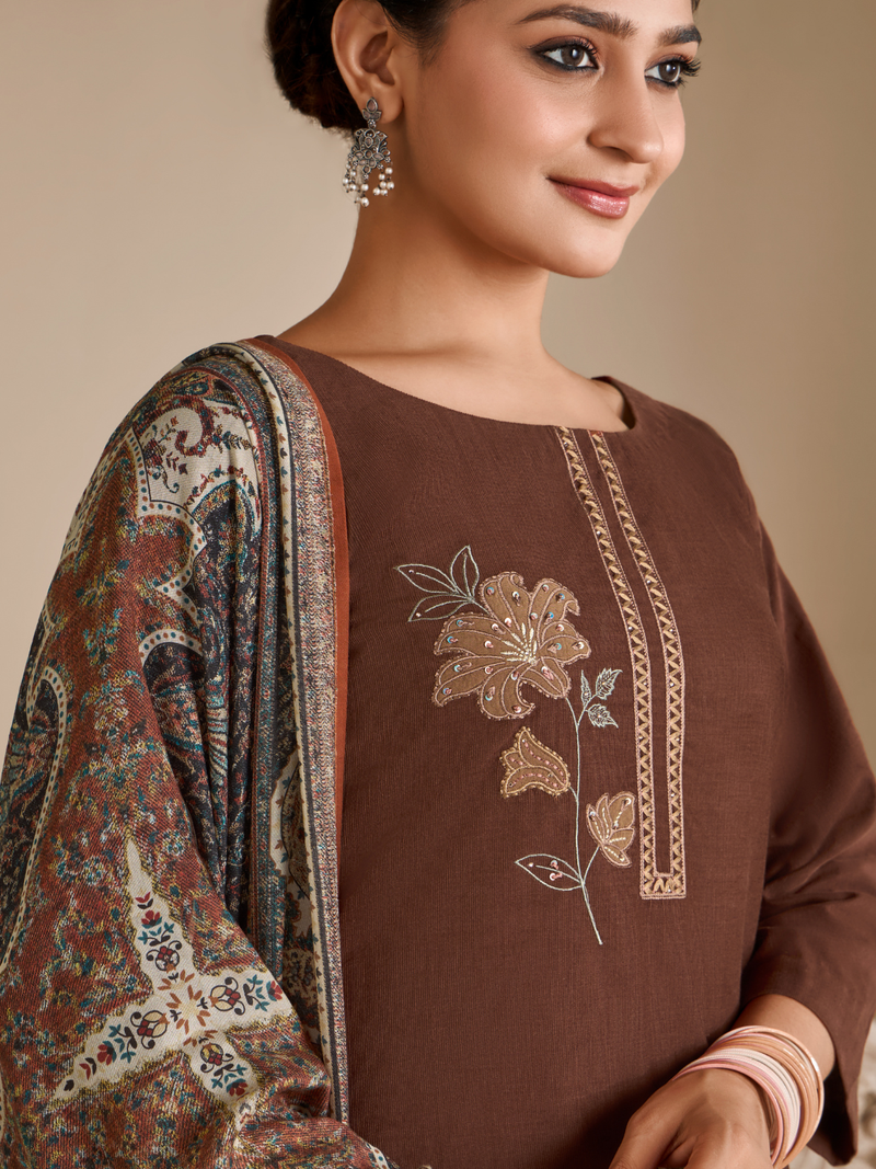 Moocha Corduroy Printed Patch & Hand Work Unstitched Suit Set