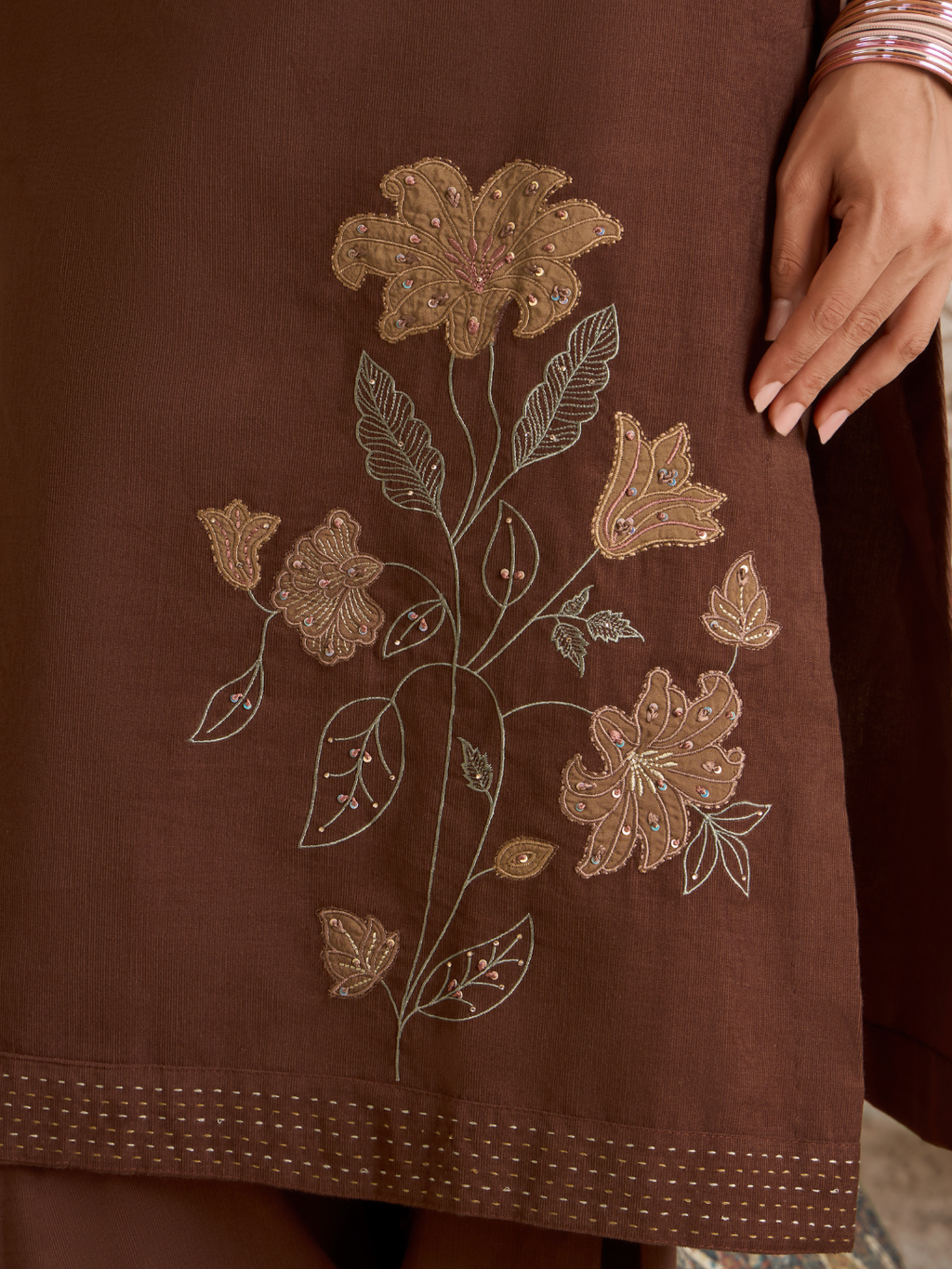 Moocha Corduroy Printed Patch & Hand Work Unstitched Suit Set