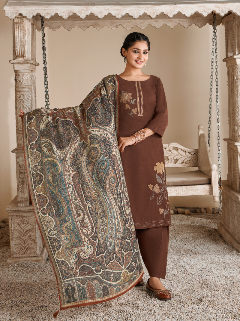 Moocha Corduroy Printed Patch & Hand Work Unstitched Suit Set