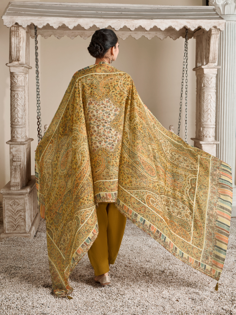 Mustard Corduroy Printed Patch & Hand Work Unstitched Suit Set