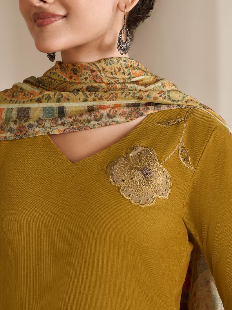 Mustard Corduroy Printed Patch & Hand Work Unstitched Suit Set