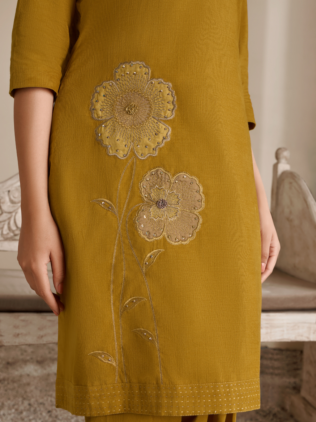 Mustard Corduroy Printed Patch & Hand Work Unstitched Suit Set