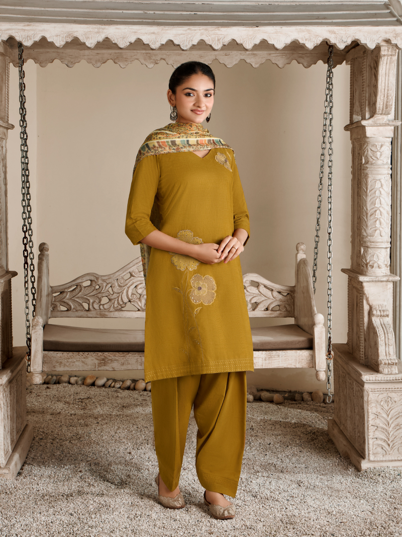 Mustard Corduroy Printed Patch & Hand Work Unstitched Suit Set