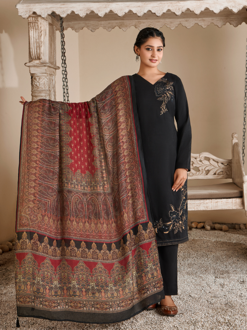 Black Corduroy Printed Hand-Embroidered Unstitched Suit Set