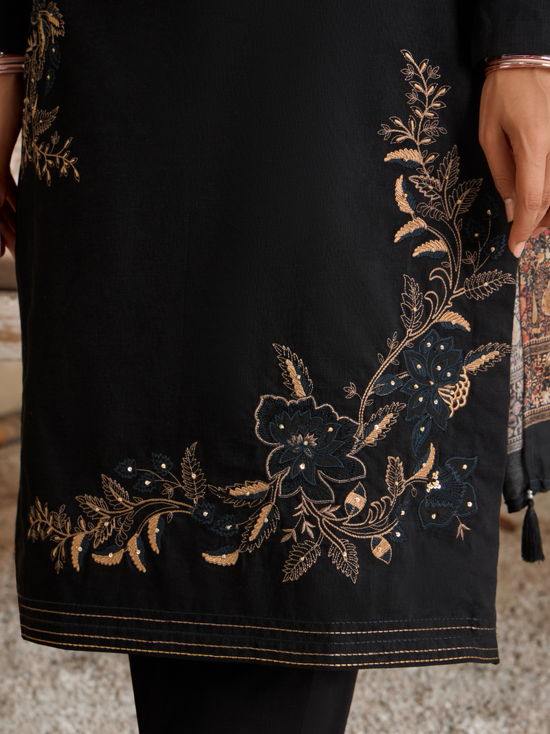 Black Corduroy Printed Hand-Embroidered Unstitched Suit Set