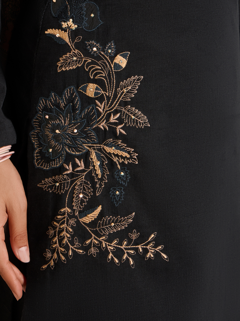 Black Corduroy Printed Hand-Embroidered Unstitched Suit Set
