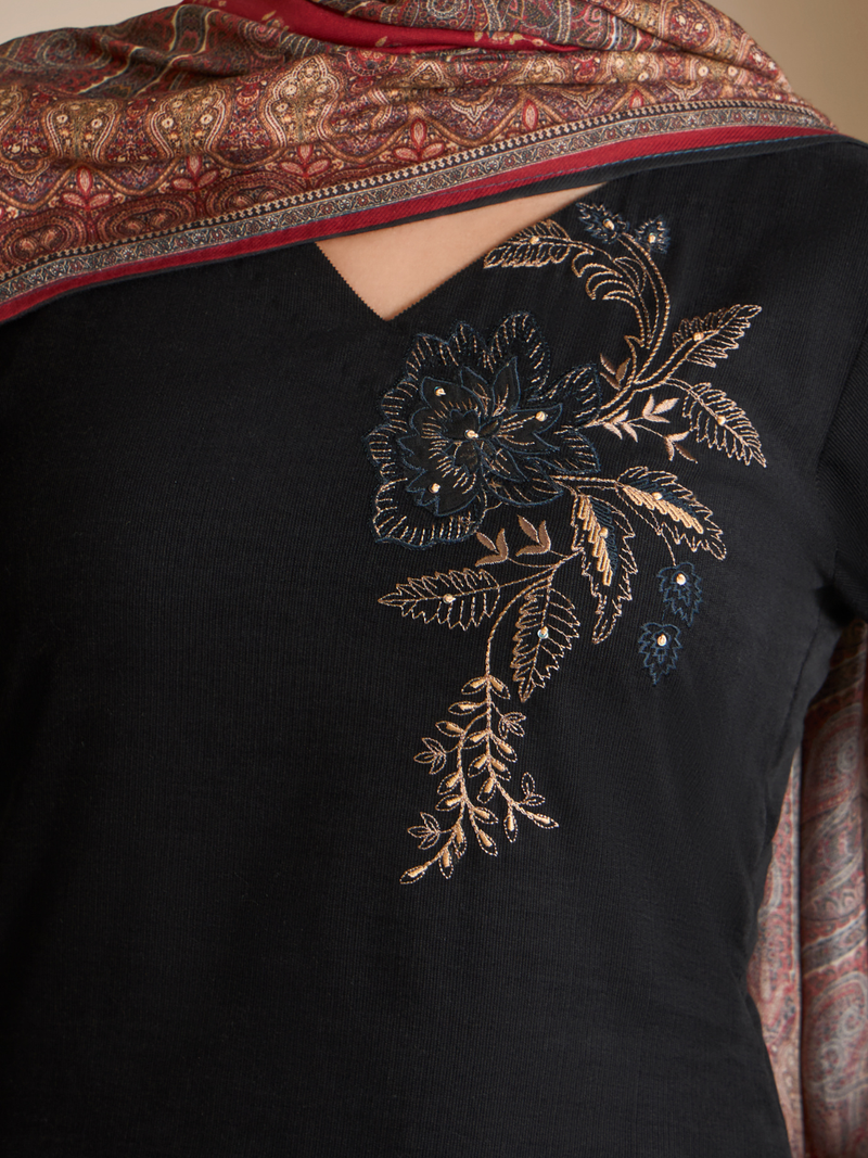 Black Corduroy Printed Hand-Embroidered Unstitched Suit Set