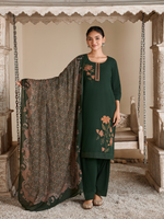 Dark Green Corduroy Printed Patch & Hand Work Unstitched Suit Set