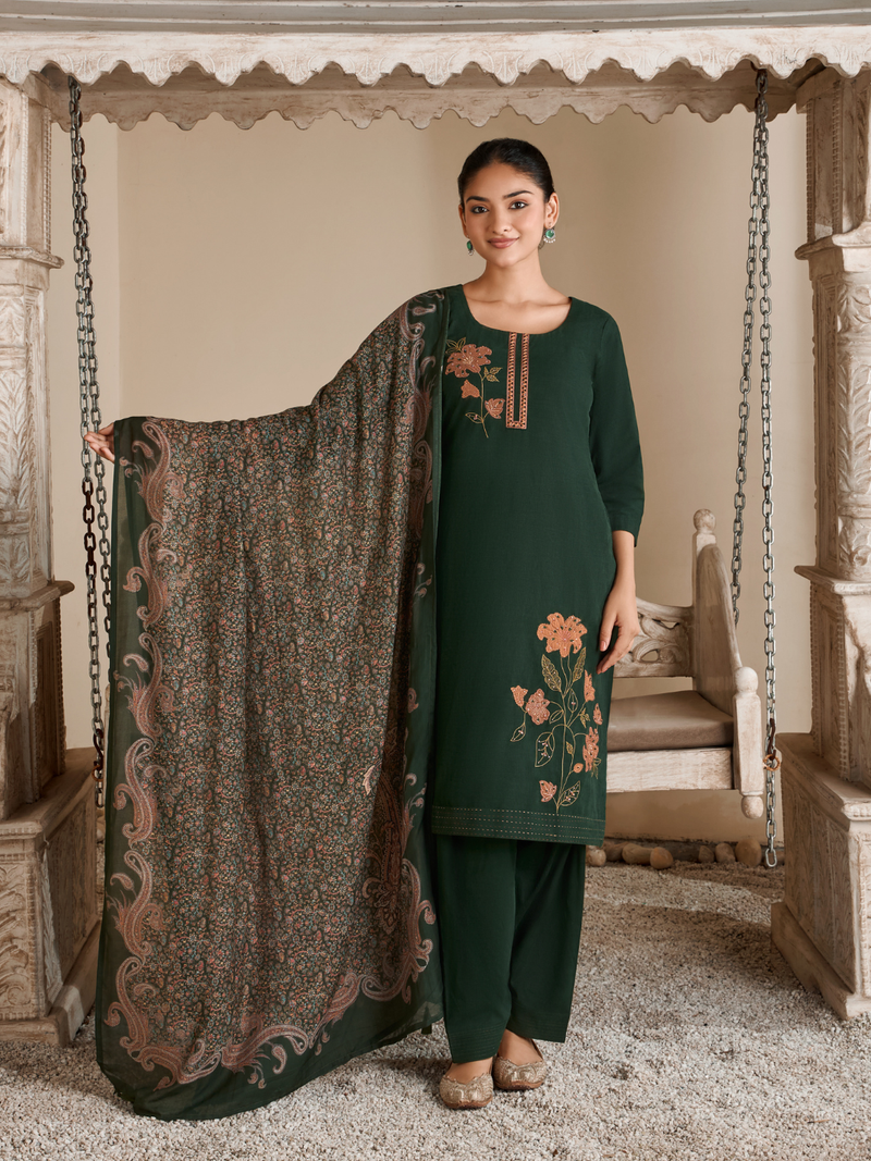 Dark Green Corduroy Printed Patch & Hand Work Unstitched Suit Set
