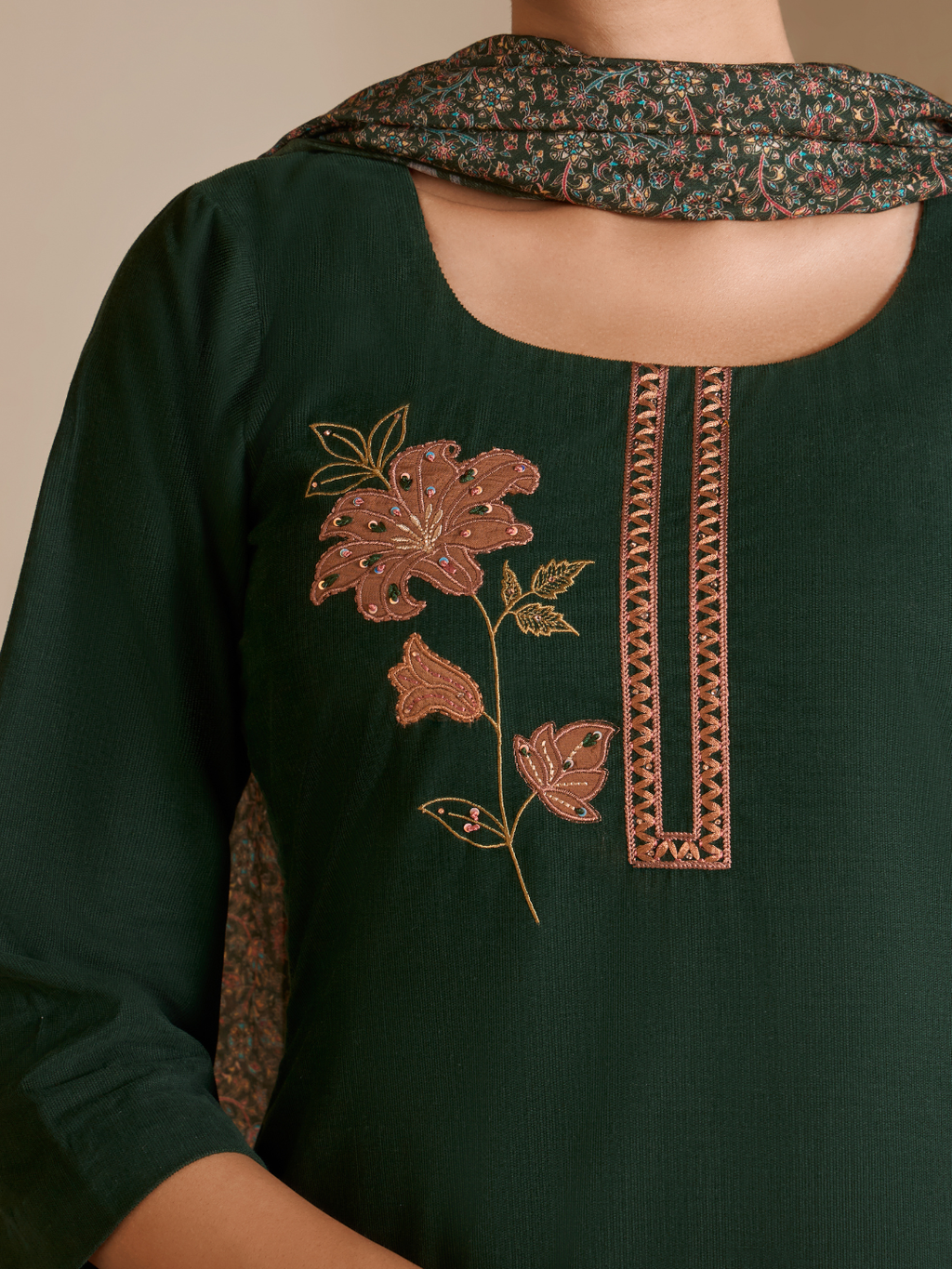 Dark Green Corduroy Printed Patch & Hand Work Unstitched Suit Set