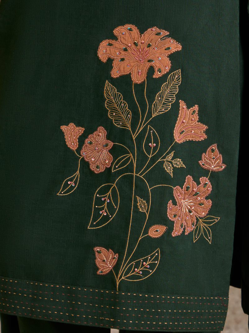 Dark Green Corduroy Printed Patch & Hand Work Unstitched Suit Set