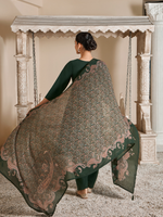 Dark Green Corduroy Printed Patch & Hand Work Unstitched Suit Set