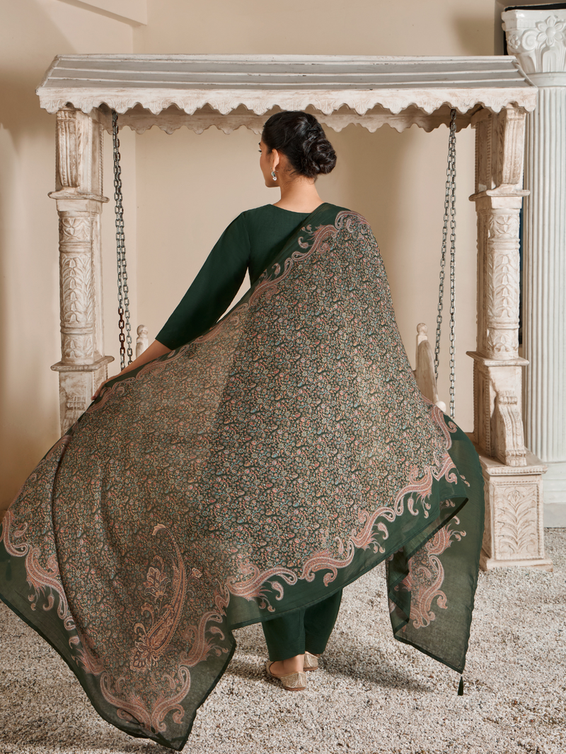 Dark Green Corduroy Printed Patch & Hand Work Unstitched Suit Set