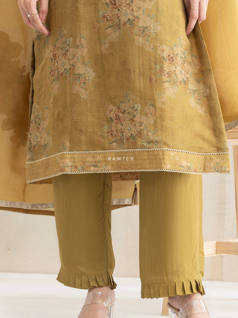 Deep Gold Silk Party Wear Unstitched Suit Set with Heavy Handwork & Aari