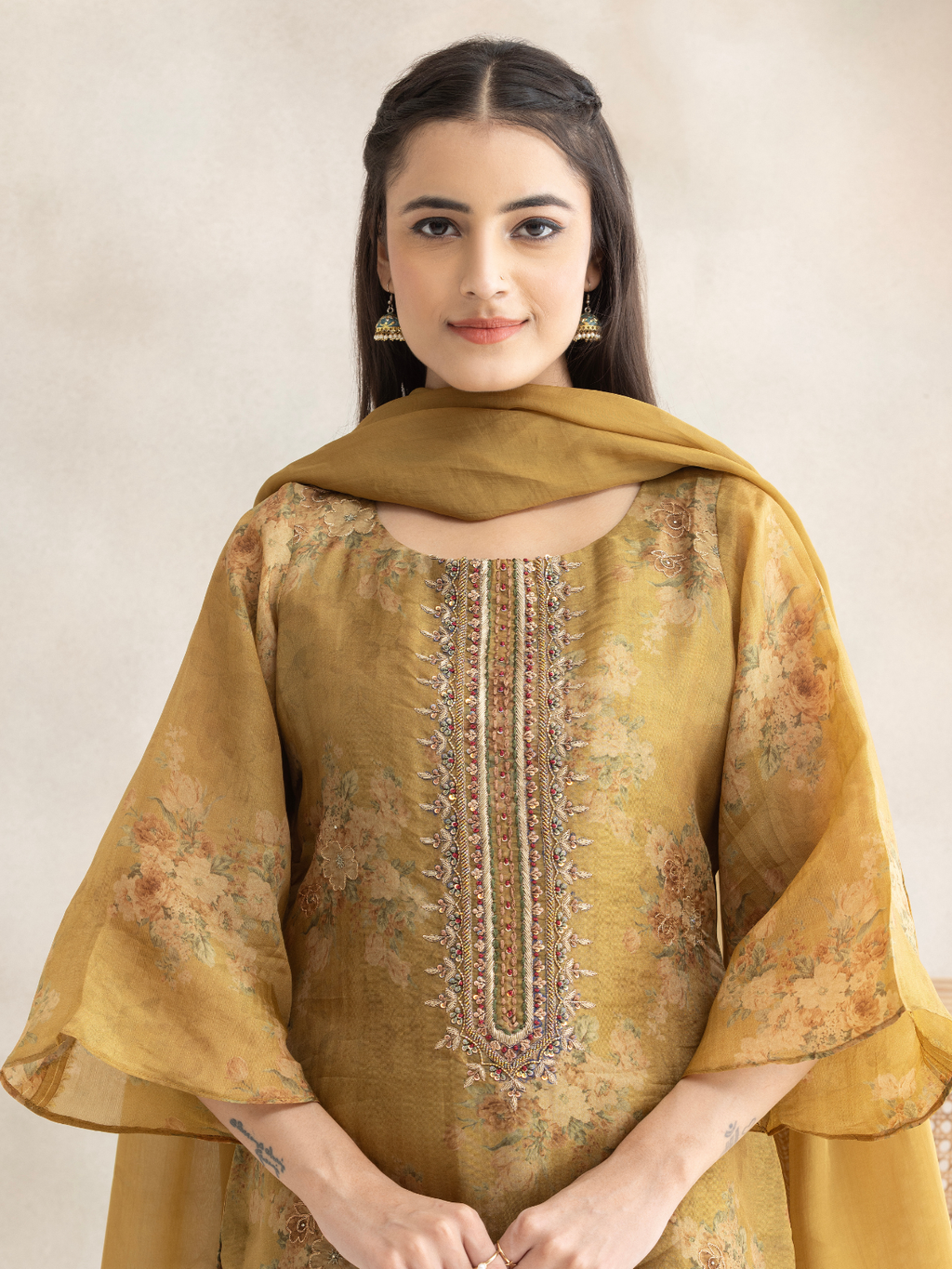 Deep Gold Silk Party Wear Unstitched Suit Set with Heavy Handwork & Aari