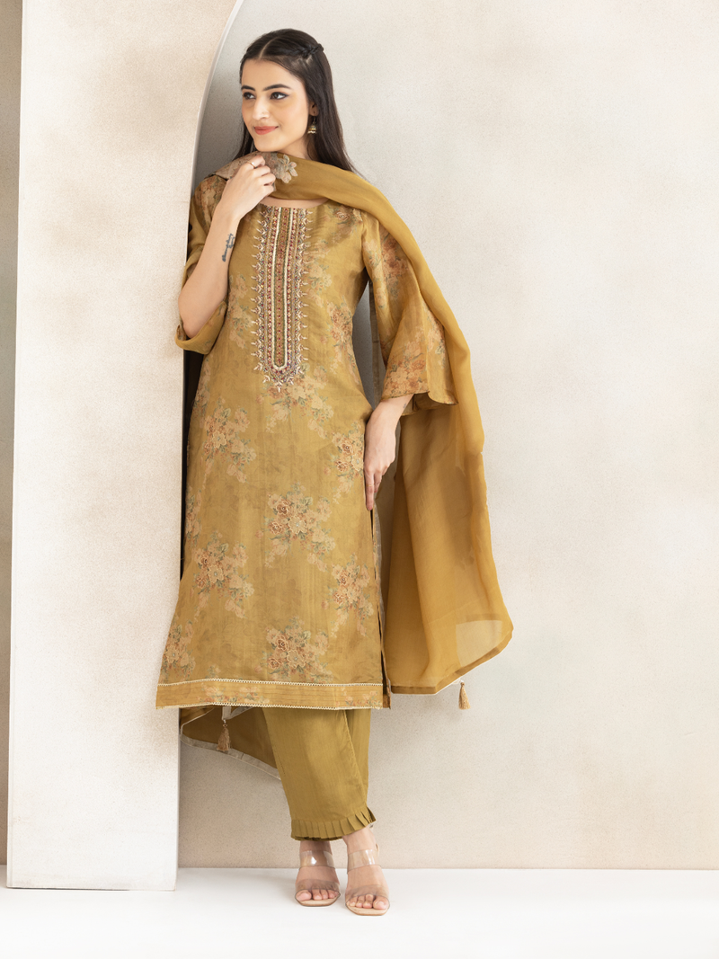 Deep Gold Silk Party Wear Unstitched Suit Set with Heavy Handwork & Aari