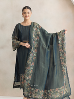 Teal Printed Silk Party Wear Unstitched Suit Set with Designer Neck
