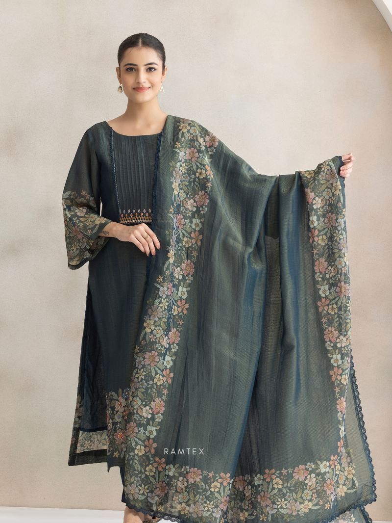 Teal Printed Silk Party Wear Unstitched Suit Set with Designer Neck